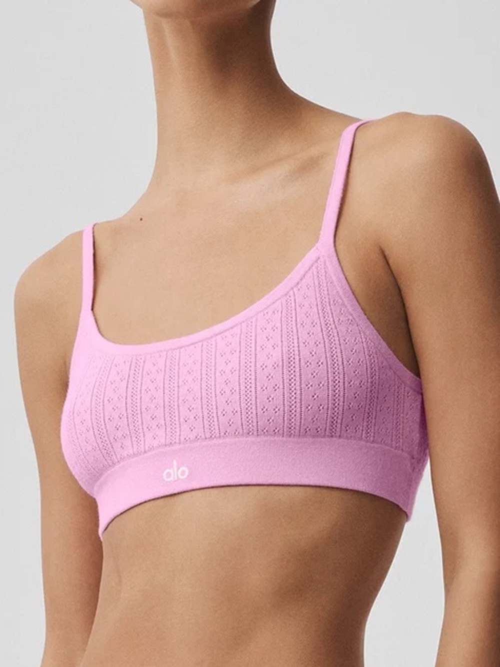 Alo Yoga Pointelle Sweater Be Mine Bra in Candy Heart Pink